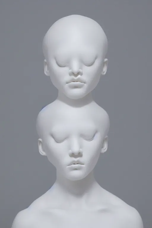 Image similar to full head and shoulders, beautiful female porcelain sculpture by daniel arsham and raoul marks and james jean, smooth, all white features on a white background, delicate facial features, white eyes, white lashes, detailed white 3 d skulls on head