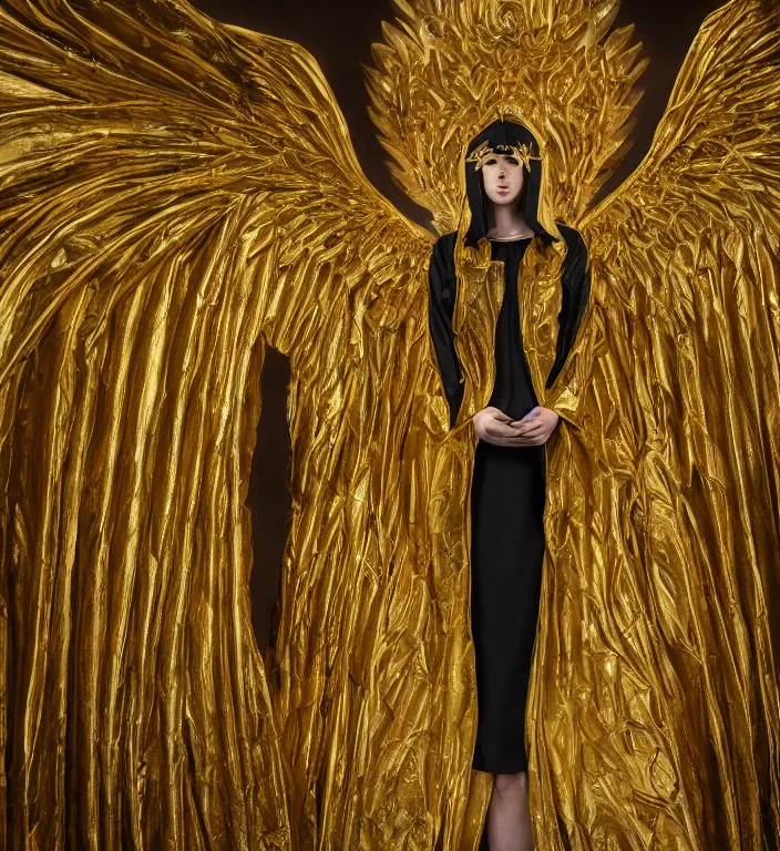 Image similar to full length picture angel wearing black robe with gold wings in an elaborate cathedral, sharp focus, DOF, unreal engine, 8k, ultra detailed, photorealistic + sigma 105mm f2.8 macro