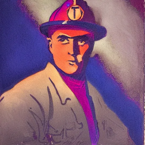 Prompt: tonalist portrait of firefighter ( 1 9 2 3 ), quinacridone magenta, titanium white, cobalt blue, strathmore 2 0 0, art nouveau etching, chiaroscuro, luminous, volumetric light