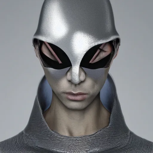 Prompt: realistic photo, alien top model wearing futuristic high fashion clothes, rick owens, demobaza, in a blend grey background