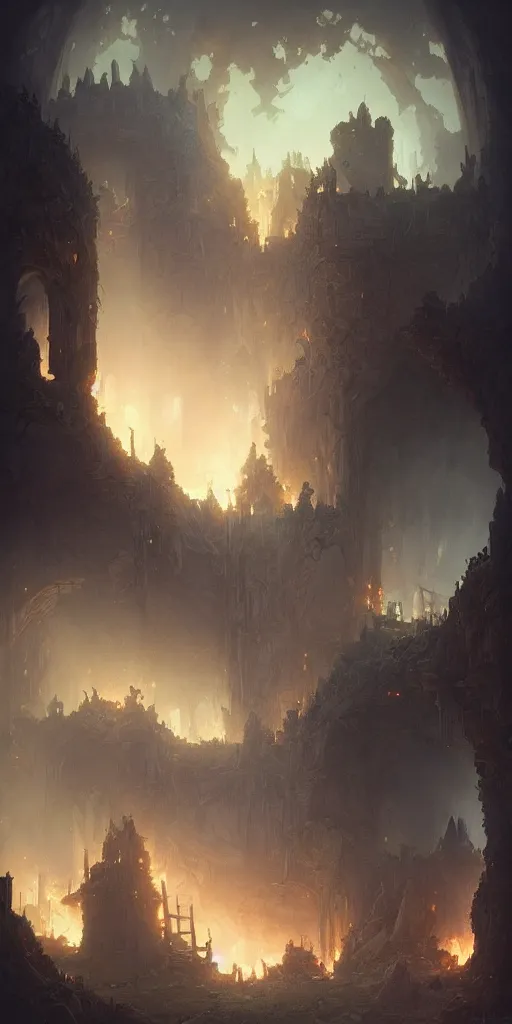 Image similar to Detailed Interior of the Burning Castle Ruins, Embers, Smoke billows, the ashen throne, stunning atmosphere, in Style of Peter Mohrbacher, cinematic lighting