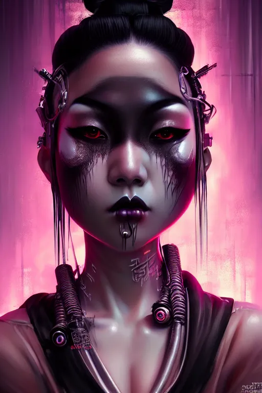 Image similar to soft lustrous ebony asian geisha goddess yakuza biotech raver gothic cyborg, cyberpunk city, urban decay, decay, underworld, dark art, highly detailed, digital painting, octane render, artstation, concept art, smooth, sharp focus, illustration, art by artgerm, loish, wlop