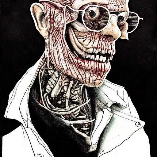 Image similar to bernie sandersaurus graphic illustration, creative design, skinless head, biopunk, body horror, full body portrait, character design, by ralph steadman, francis bacon, hunter s thompson