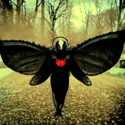 Image similar to mothman flying at the camera, polaroid, blurry, scary, found footage horror, terrifying