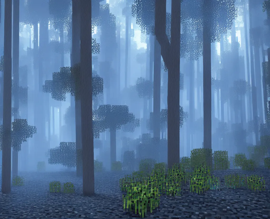 Image similar to blue forest, glowing, minecraft screenshot, raytracing, shader, digital art, highly detailed, artstation, octane render