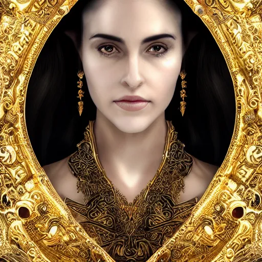 Prompt: side portrait of elven royalty, princess, queen, fantasy, head tilted down, black hair, gold armour, gold jewelry, white skin, detailed face, trending on artstation, gsociety, D&D, elegant, highly detailed, hyperrealistic, realistic eyes, detailed illustration, smooth, sharp focus, upper body, intricate, rule of thirds, holy glow, backlit, hd 4k by Greg Rutkowski, Alphonse Mucha, Ayami Kojima, Charlie Bowater, Kentaro Miura, Karol Bak