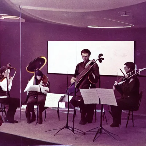 Prompt: a string quartet and three live coders performing in a space age setting, 1960s picture from a magazine