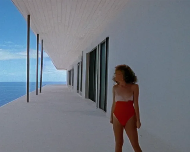 Prompt: a still of a young woman looking out from a huge concrete white deck of a minimalist beach house, outside view, low angle, clear sky and background, in the music video Wrapped Around your Finger (1983)