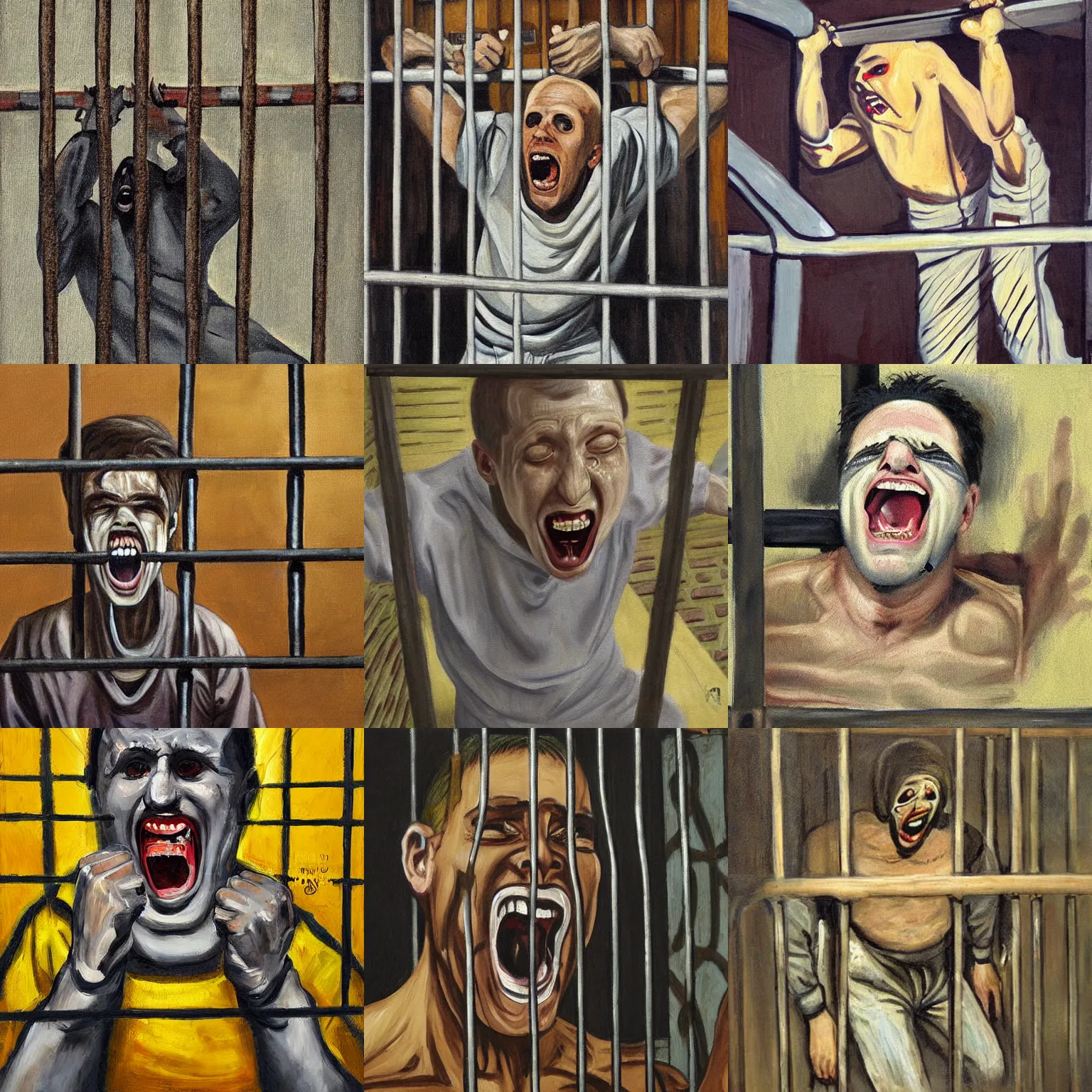 Image similar to a screaming prisoner holding prison bars, realism old painting