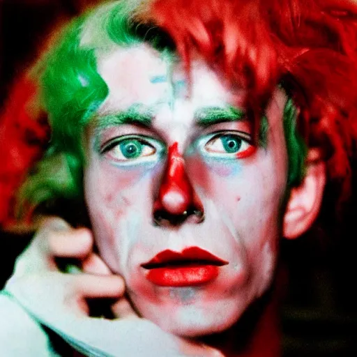 Prompt: young peter otoole with green hair, white paint on face, messy red lips, portrait, impressionistic, film still