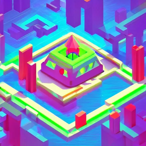 Image similar to isometric island on neon background, isometric invironment, 3d art, isometric art, high detail, artstation, concept art, behance, ray tracing, smooth, sharp focus, ethereal lighting