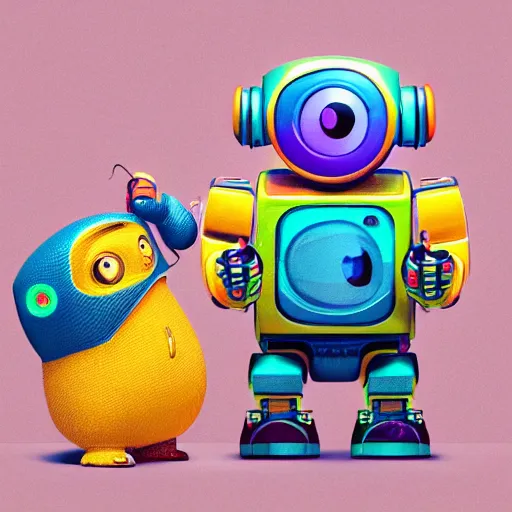 Image similar to two small chubby bots, hyperdetailed colourful graffiti, smooth panelling, intricate detail, holding a battery, single eye, cute, intricate arms, antenna, floating, white studio, cute mechanical toy, gameboy advanced, ambient light, in the style of pixar animation poster, pokedstudios, blender, octane render, 8 k,