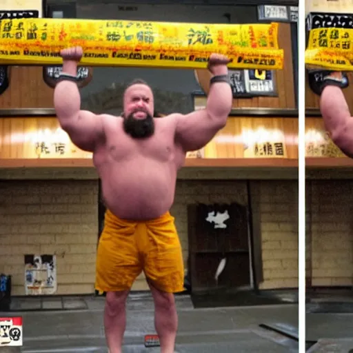 Image similar to the worlds strongest man lifting a bar bell made of soy sauce packets. japanese anime