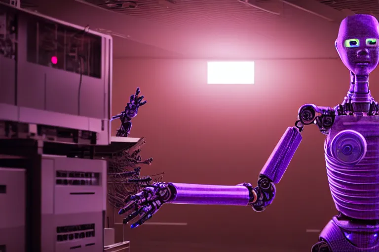 Image similar to hyperrealistic medium shot robot! in data center server building highly detailed concept art eric zener elson peter cinematic hard purple lighting high angle hd 8 k sharp shallow depth of field, inspired by david paul cronenberg and zdzisław beksinski