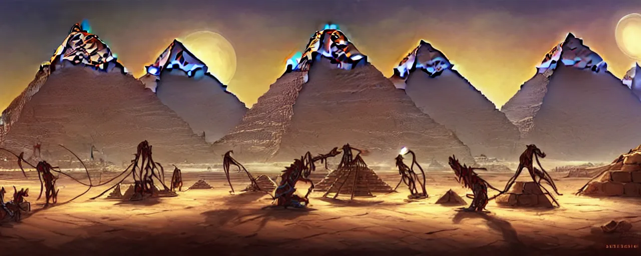 Image similar to an intricate concept art of alien slaves building the egyptian pyramid, concept art, style by dylan cole and tyler edlin and feng zhu, cinematic