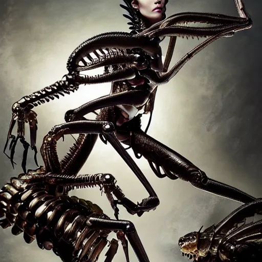 Image similar to still frame from Prometheus movie by Makoto Aida, biomechanical angel gynoid by giger, mimicking devil's dragon flower mantis, metal couture by neri oxmn and Guo pei, editorial by Malczewski and by Caravaggio