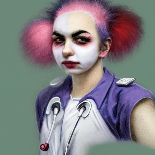 Image similar to clowncore pastel punk young hospital nurse wearing stylish uniform. detailed, portrait, 8 k, artwork by jean - baptiste monge