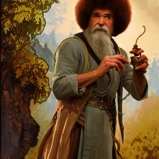 Image similar to an ultra detailed tarot card of bob ross smoking a pipe and dressed as a fantasy bard, d & d, epic fantasy, concept art by alphonse mucha and greg rutkowski, octane render, 8 k, detailed face