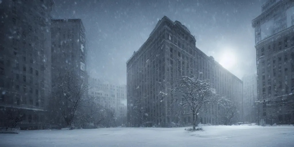 Image similar to huge building, trending on artstation, 4 k, tyndall effect, snow day ， cinematic ， ultra wide angle