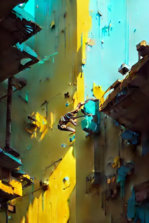 Image similar to matte painting extreme offset 3 d calligraphy graffiti mural dripping paint wall extreme maximalism by atey ghailan, by greg rutkowski, by greg tocchini, by james gilliard, by joe fenton, yellow, brown, black and cyan color scheme, octane render