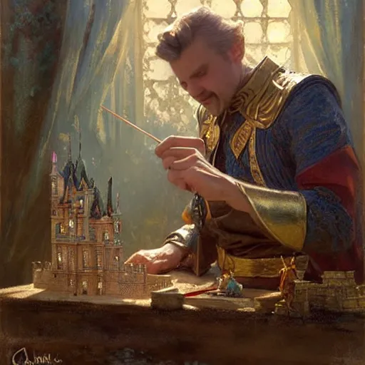 Image similar to stunning male master wizard building a castle with his magic, highly detailed painting by gaston bussiere, craig mullins, j. c. leyendecker, 8 k