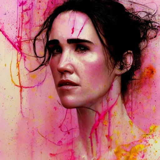 Image similar to jennifer connelly by cy Twombly and BASTIEN LECOUFFE DEHARME, pink and yellow, iridescent, volumetric lighting