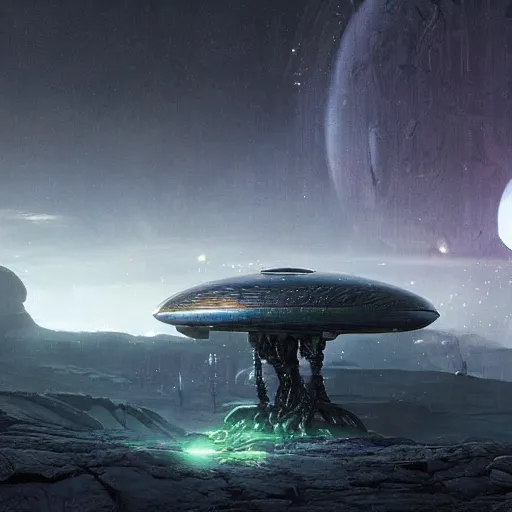 Image similar to scene from prometheus movie, artlilery spaceship lands in an alien landscape, filigree ornaments, volumetric lights, simon stalenhag