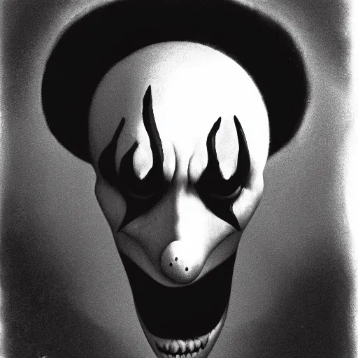 Image similar to Silhouette of a scary clown by Gerald Brom, film grain