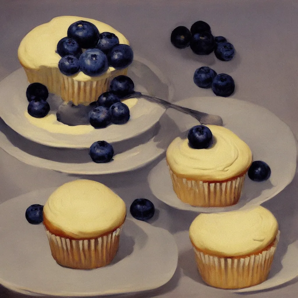 Image similar to painting of 1 blueberry cupcake with creme topping by Edward Hopper