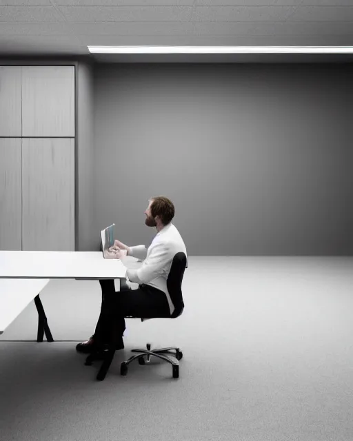 Prompt: a man sitting in a white empty office near his table, stickerman style