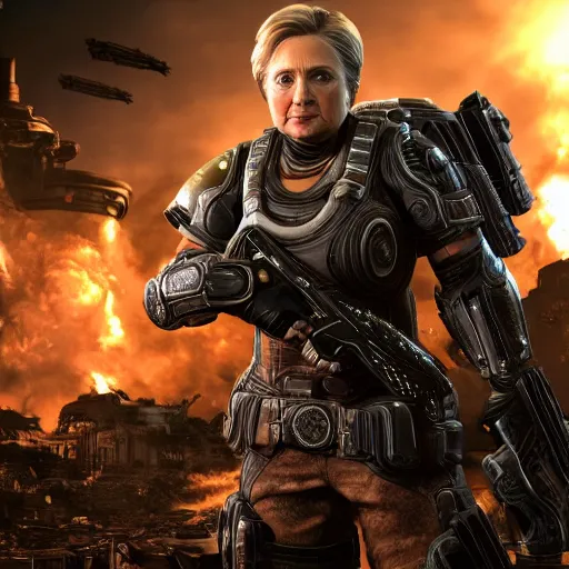 Image similar to hillary clinton in gears of war, splash art, movie still, cinematic lighting, dramatic, octane render, long lens, shallow depth of field, bokeh, anamorphic lens flare, 8 k, hyper detailed, 3 5 mm film grain