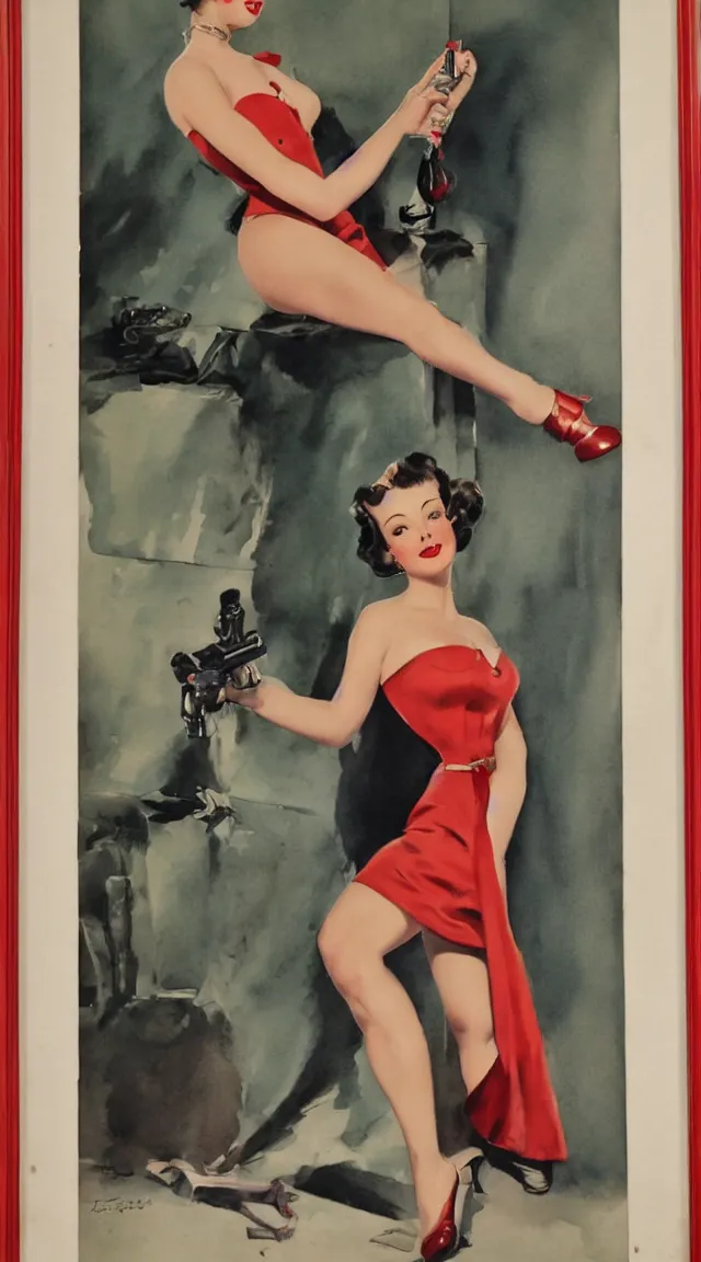 Image similar to a portrait one full body pin up post war dressing a military unioform,water color, Gil Elvgren style