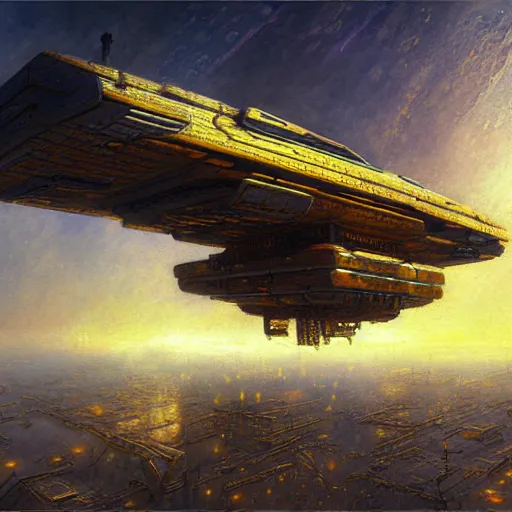 Image similar to cyberpunk starship hovering, atmospheric lighting, painted, intricate, golden hour, ultra detailed by peter gric, giger, enki bilal