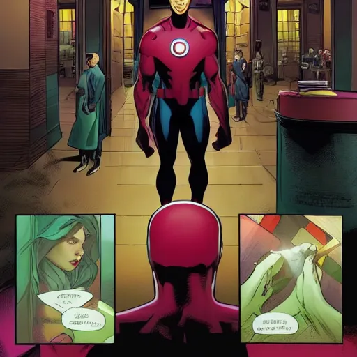 Prompt: Vision by Marvel Comics working as a 7/11 cashier, wide wide shot, very detailed, beautiful lighting