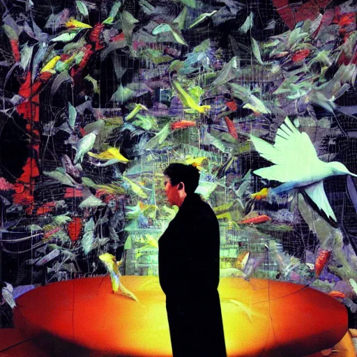 Image similar to a daydreaming hacker is surrounded by birds, neon virtual networks, and information visualization, oil on canvas by dave mckean and yoji shinkawa