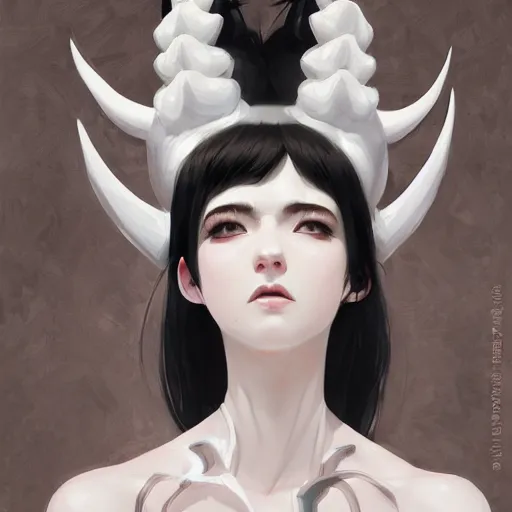 Prompt: woman with black hair and white horns, very high intricate details, painting, digital anime art, medium shot, mid - shot, reflections, wlop, ilya kuvshinov, artgerm, krenz cushart, greg rutkowski, sana takeda