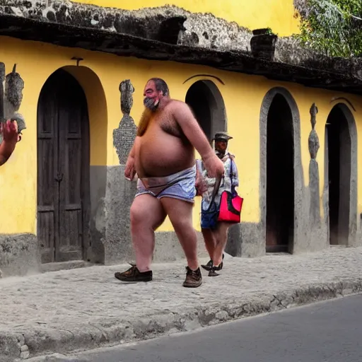 Image similar to a picture of a very hairy fat man in all 4 in antigua guatemala, hyper realistic