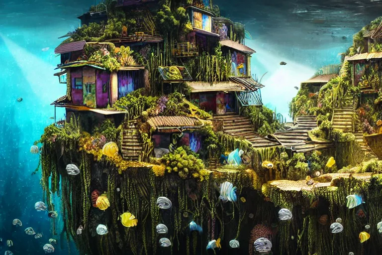 Image similar to highly detailed favela hive, underwater environment, award winning art, epic dreamlike fantasy landscape, ultra realistic,