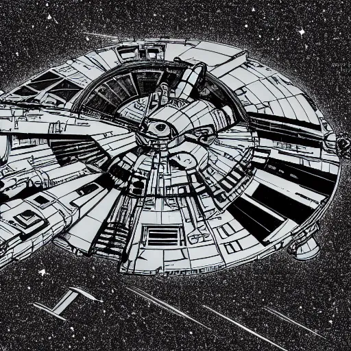 Prompt: The Millennium Falcon starting from the surface of a rocky planet as a monochrome drawing in Bauhaus style