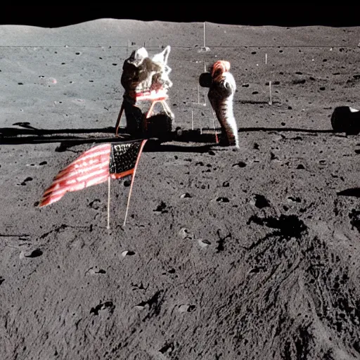 Prompt: photograph of a cowboy planting the american flag on the moon