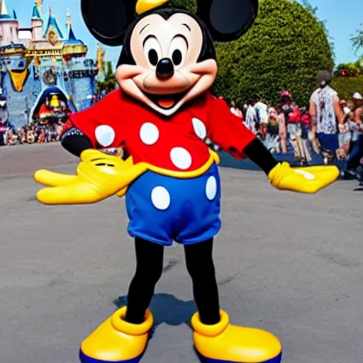Image similar to the Mickey Mouse character at Disneyland taking off his costume, and it's actually Donald Duck underneath