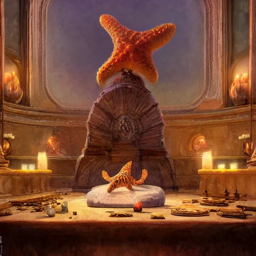 Image similar to patrick starfish meditates on the altar, hyperrealism, no blur, 4 k resolution, ultra detailed, style of ron cobb, adolf hiremy - hirschl, ismail inceoglu, rene margitte