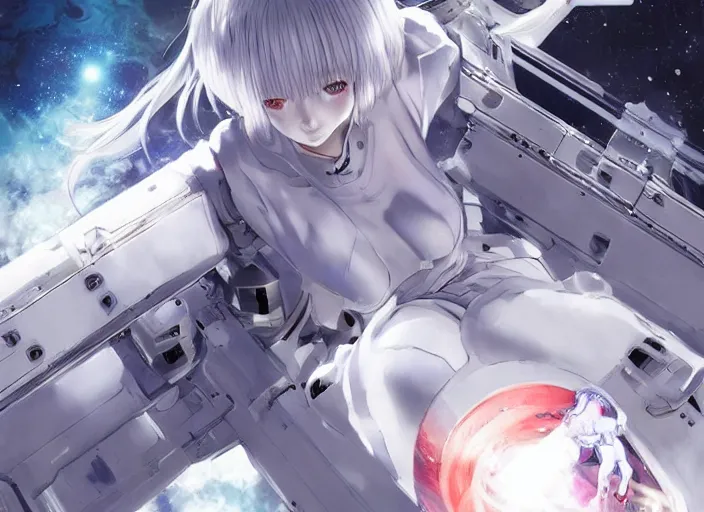 Image similar to This is a digital art piece by Yoshiyuki Sadamoto that is trending on artstation. It is a 8K UHD image of Rei Ayanami, a female anime character, inside a space station with technological rings. She is shot from the ground by Yoshiyuki Sadamoto. The environment is a concept design and the art is hyper realistic with intricate details.