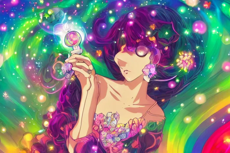 Image similar to psychedelic, full body picture, whimsical, anime, 4k, beautiful lusty woman smoking a bong, with professional makeup, long trippy hair, a crystal and flower dress, sitting in a reflective pool, surrounded by gems, underneath the stars, rainbow fireflies, trending on patreon, deviantart, twitter, artstation, volumetric lighting, heavy contrast, art style of Ross Tran and Miho Hirano and Ilya Kuvshinov