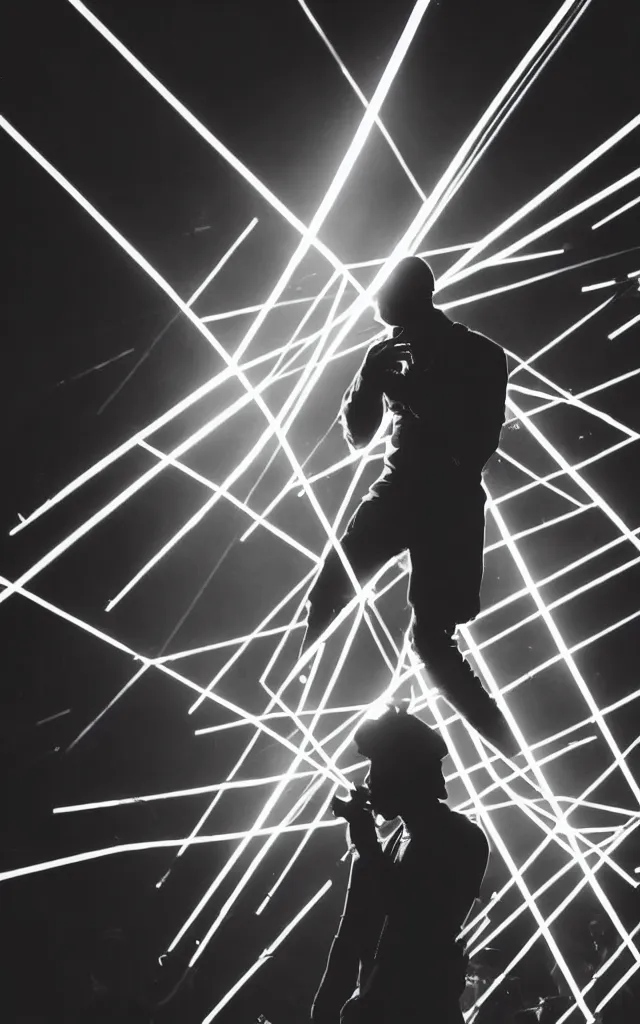 Image similar to rapper performing with microphone, epic pose, medium close-up, silhouetted, distinct figure, psychedelic hip-hop, laser light show, fog, beams of light