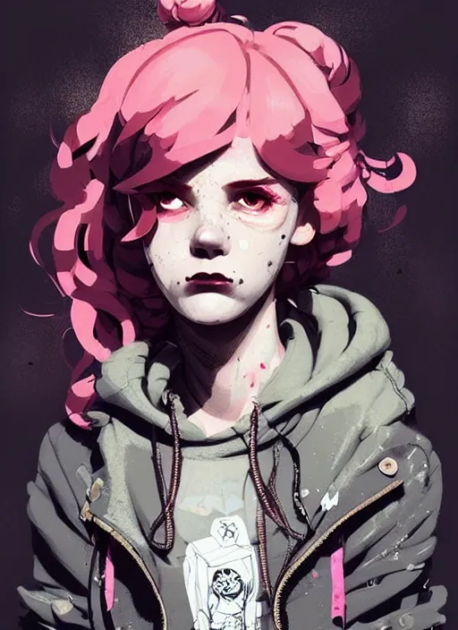 Prompt: highly detailed portrait of a sewer punk lady, tartan hoody, blonde ringlet hair by atey ghailan, by greg rutkowski, by greg tocchini, by james gilleard, by joe fenton, by kaethe butcher, gradient magenta, black, blonde cream and white color scheme, grunge aesthetic!!! ( ( graffiti tag wall background ) )