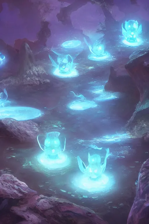 Image similar to bioluminescent etheral water elementals nesting in a rock pool, fairy stone cave, low angle, artstation, 8 k