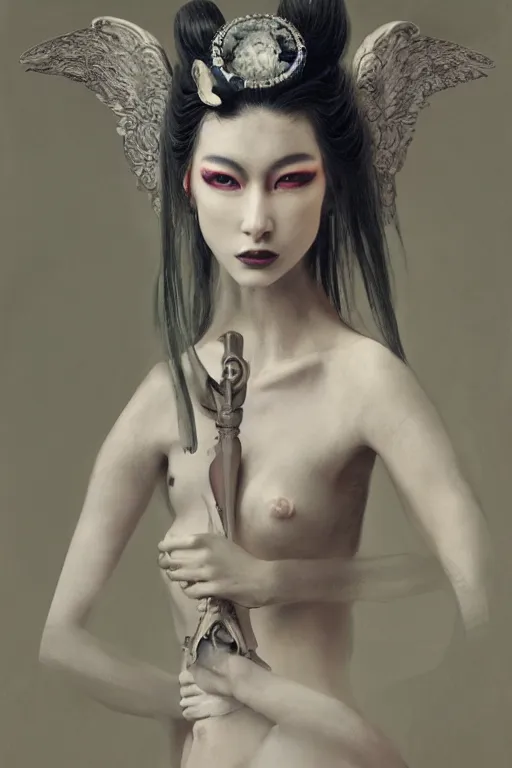 Prompt: >> photography portrait by Paolo Roversi of an archangel geisha, fantasy style fashion, dynamic pose , white paled skin , some curved armor , olive skin, long dark hair, beautiful bone structure, symmetrical facial features, intricate, elegant, digital painting, concept art, smooth, sharp focus, illustration, by Ruan Jia and Mandy Jurgens , and mucha, and Artgerm and William-Adolphe Bouguerea