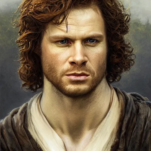 Image similar to Beautiful hyperrealistic detailed matte portrait painting of Jamie Fraser, by andreas rocha and john howe, and Martin Johnson