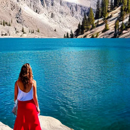 Image similar to pretty woman standing in front of a beautiful lake in a valley in the sierra nevada mountains,